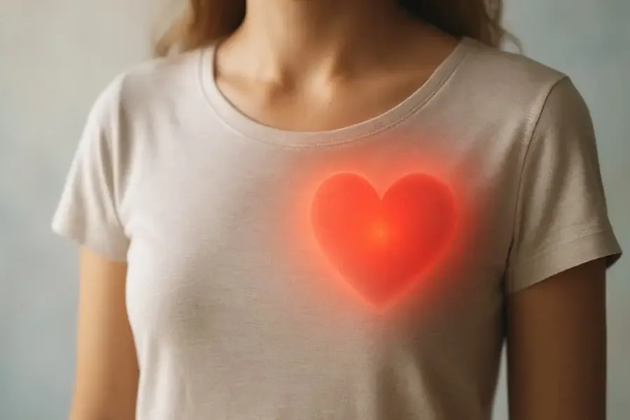 Frau mit hellem Shirt und leuchtendem Herzsymbol auf der Brust als Symbol für Herzgesundheit und Herzwochen in Schweinfurt