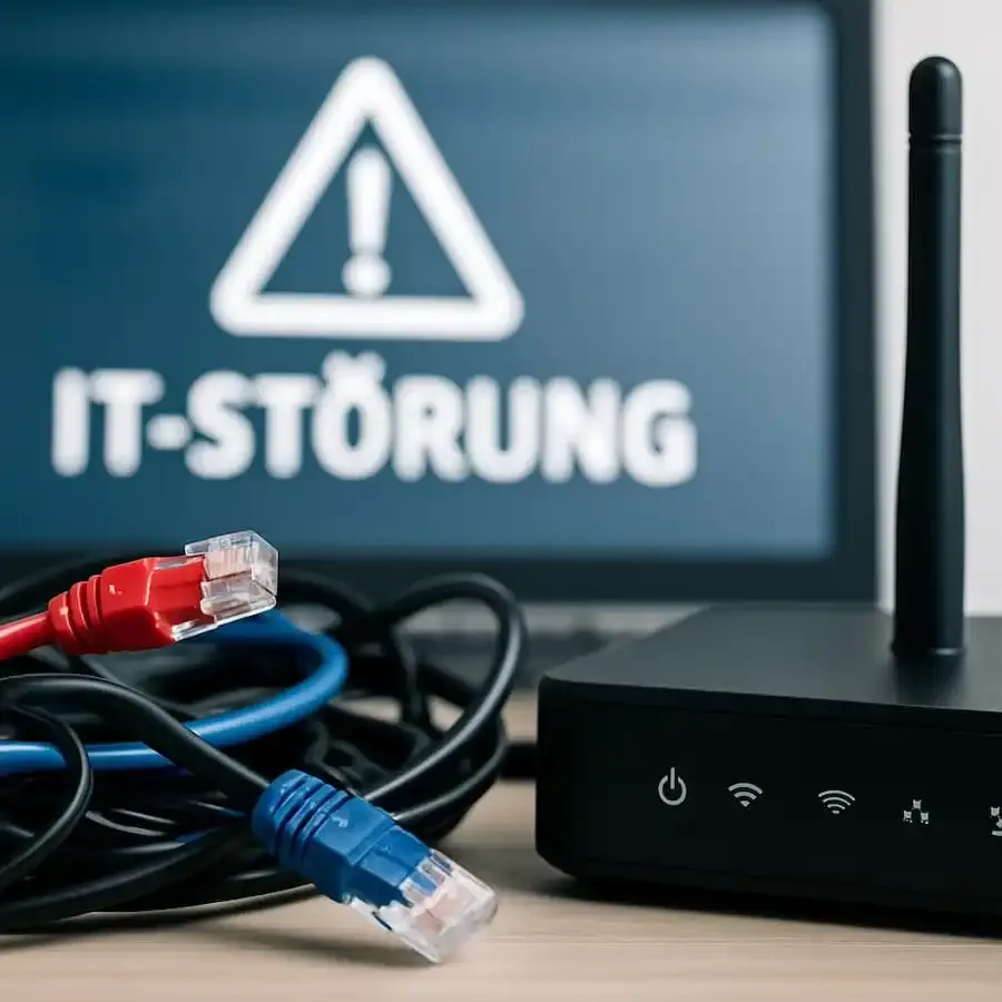 Symbolbild: Netzwerkkabel und Router vor Bildschirm mit IT-Warnhinweis – Darstellung einer technischen Störung im Internet.