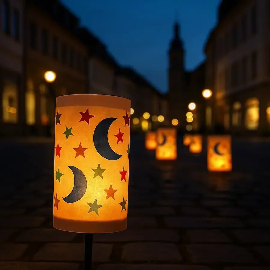 Laternen im Abendlicht beim Weltfrühgeborenentag in Schweinfurt – leuchtende Lichter auf dem Georg-Wichtermann-Platz