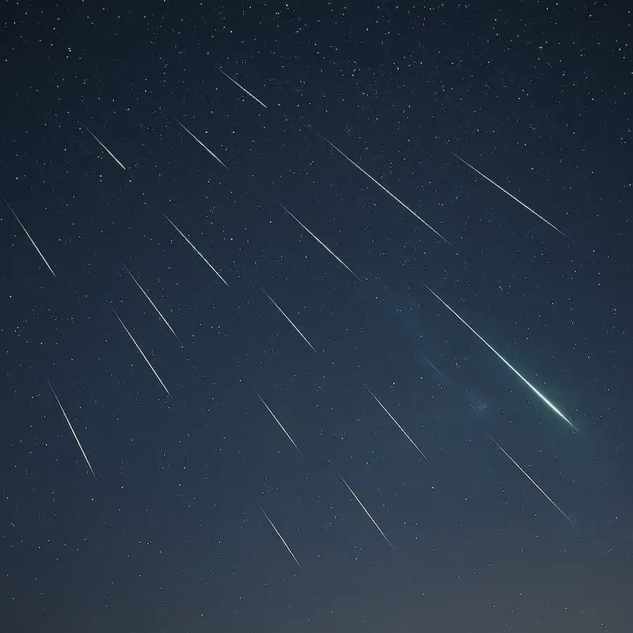 Sternschnuppen der Leoniden am nächtlichen Himmel mit mehreren leuchtenden Meteorstreifen.