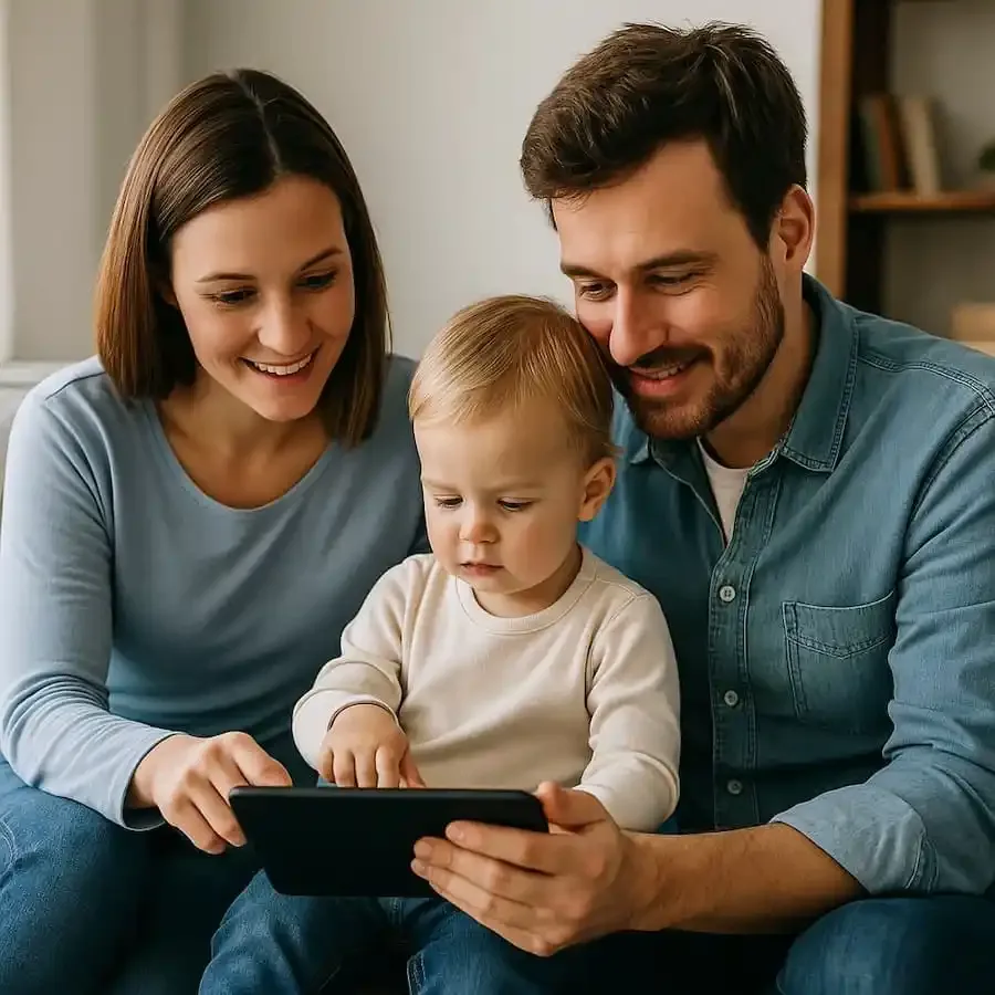 Eltern begleiten ihr Kleinkind bei der Nutzung eines Tablets als Symbolfoto für sichere Medienkompetenz in der Familie