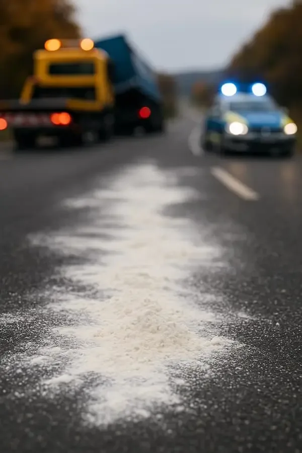 Verstreutes Mehl auf der Straße, im Hintergrund unscharf Abschleppdienst und Polizeifahrzeug während einer Unfallbergung