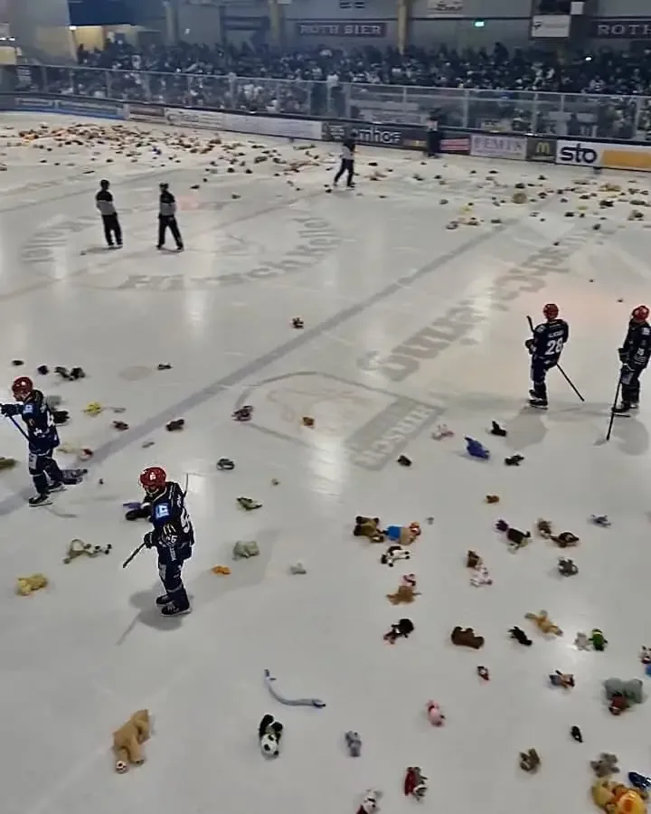 Weltrekordverdächtiger Teddy Bear Toss der Mighty Dogs Schweinfurt im Icedome gegen TEV Miesbach