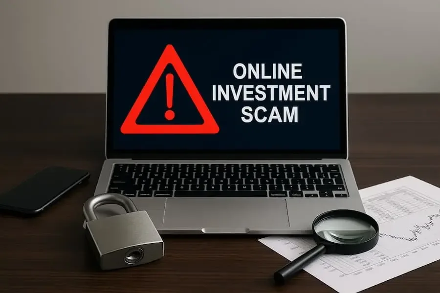 Symbolbild zum Thema Online-Anlagebetrug mit Laptop und Sicherheitszeichen – Warnung vor betrügerischen Trading-Plattformen