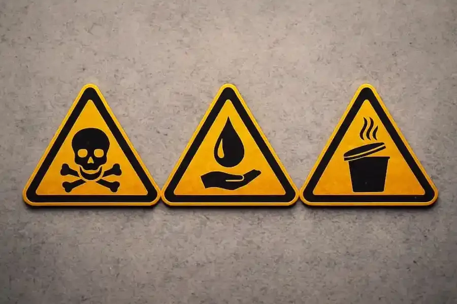 Symbolbild mit Gefahrstoff-Icons auf gelbem Hintergrund für Problemmüll und Sonderabfall.