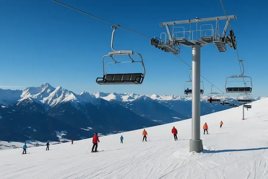 Skilift in einem Skigebiet mit Bergpanorama und Skifahrern auf der Piste