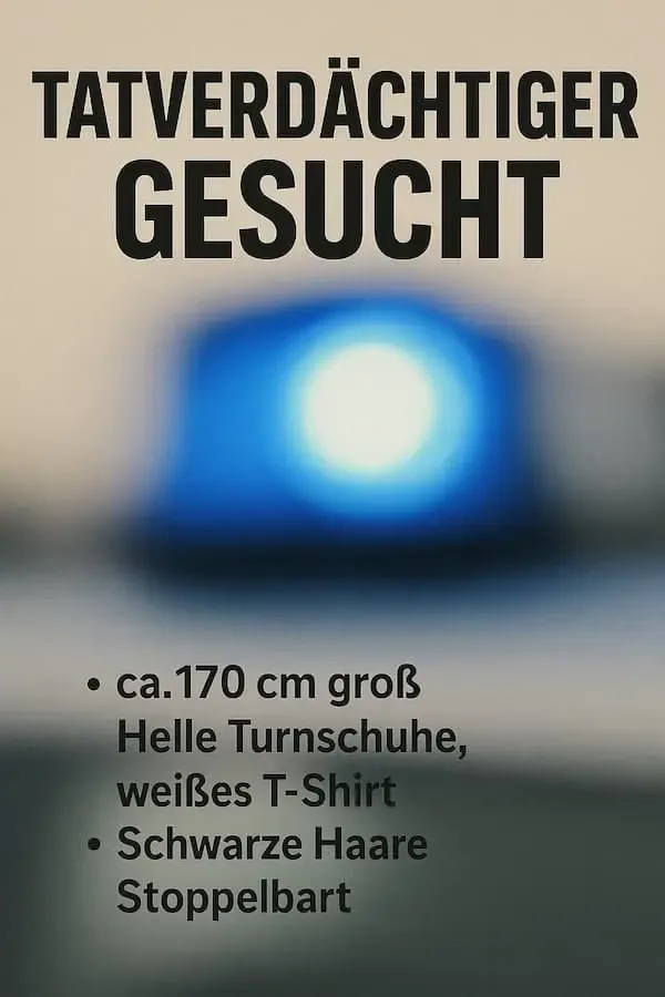 Plakat mit der Aufschrift „Tatverdächtiger gesucht“ vor unscharfem Blaulicht im Hintergrund