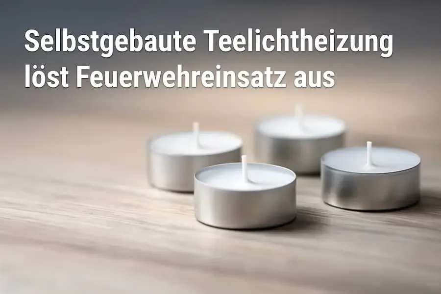 Symbolbild mit Teelichtern und eingeblendetem Hinweis auf eine selbstgebaute Teelichtheizung, die einen Feuerwehreinsatz in Schweinfurt auslöste.