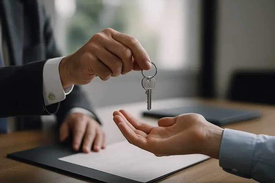 Symbolbild zur Unternehmensnachfolge: Schlüsselübergabe im Büro als Zeichen des Generationenwechsels im Landkreis Schweinfurt