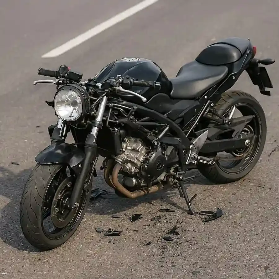 Beschädigtes Motorrad nach Verkehrsunfall – symbolisches Bild für Unfallmeldung ohne Personen