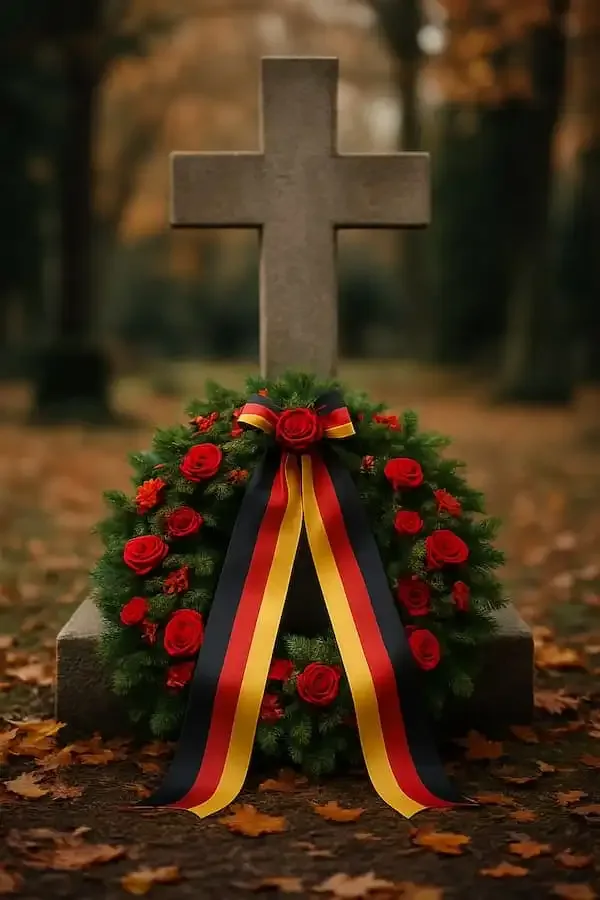 Gedenkkranz mit Schleife in Schwarz-Rot-Gold vor steinernem Kreuz auf herbstlichem Friedhof zum Volkstrauertag in Schweinfurt