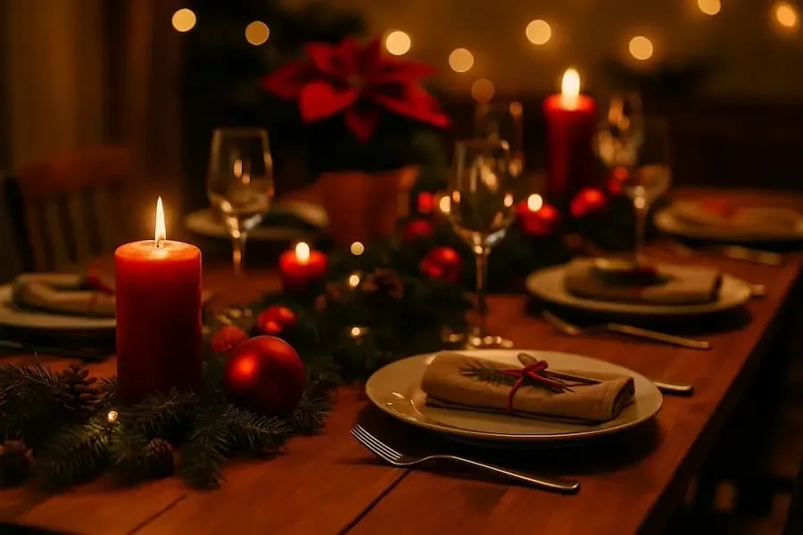 Weihnachtlich gedeckter Tisch mit Kerzen, Tannengrün und festlicher Deko als Symbol für eine gemütliche Weihnachtsfeier in Schweinfurt.