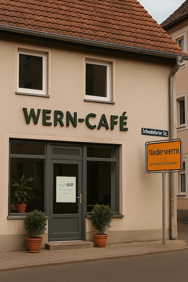 Außenaufnahme eines Cafés als Veranstaltungsort in Niederwerrn für Nachhaltigkeits-Event der Servicestelle Ehrenamt.