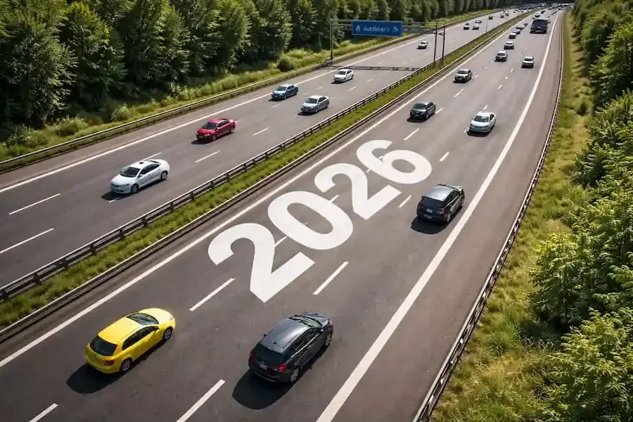 Deutsche Autobahn aus der Vogelperspektive mit fahrenden Autos und der auf die Fahrbahn geschriebenen Jahreszahl 2026.