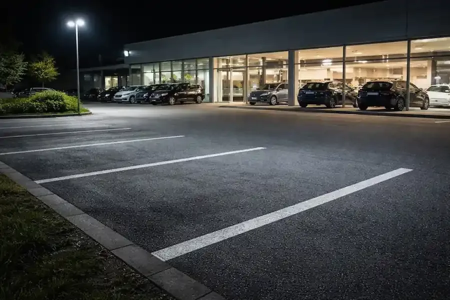 Leerer Autohaus-Parkplatz bei Nacht nach einem Fahrzeugdiebstahl in Bad Neustadt an der Saale