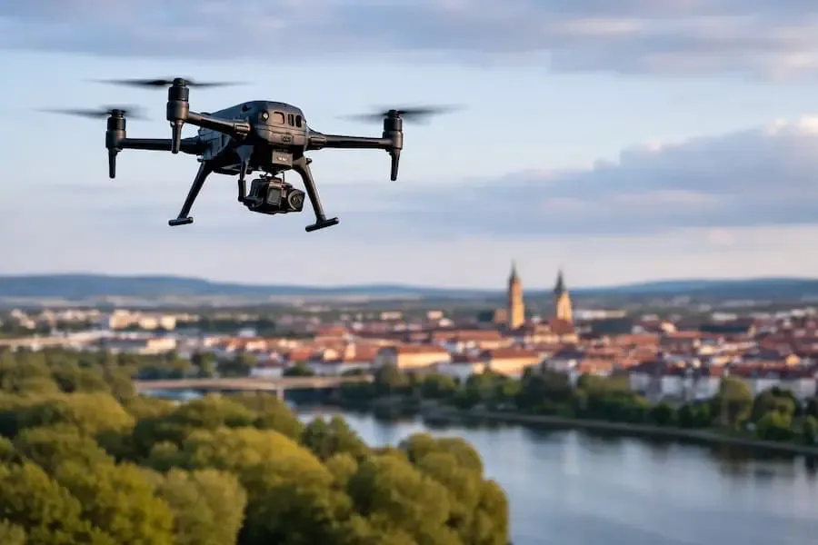 Thermografische Drohne über Schweinfurt bei der Prüfung des Fernwärmenetzes zur Erkennung von Wärmeverlusten