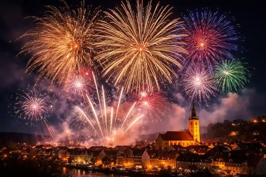 Buntes Feuerwerk erleuchtet den Nachthimmel über einer historischen Altstadt zu Silvester