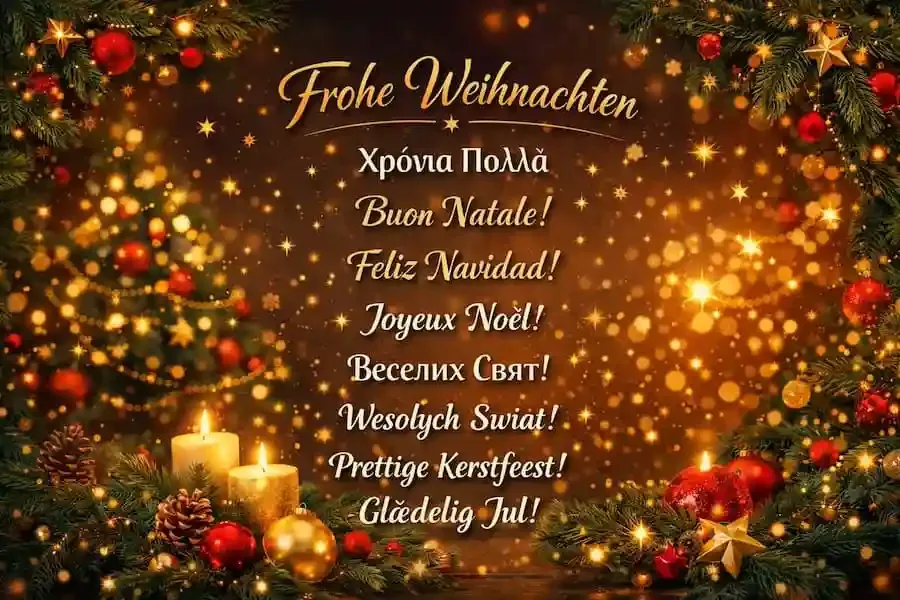 Weihnachtsbild mit dem Schriftzug „Frohe Weihnachten“ und Weihnachtsgrüßen in mehreren Sprachen vor festlicher Weihnachtsdekoration.