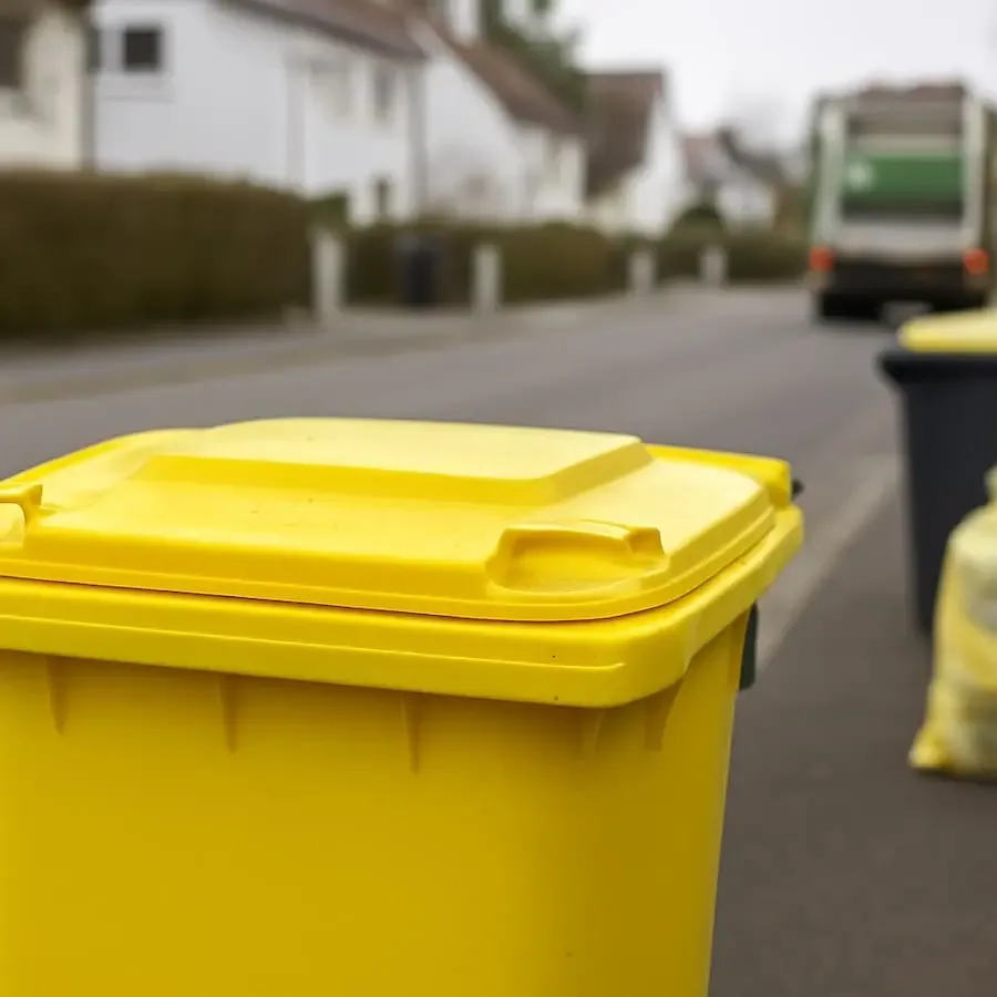 Gelbe Tonne am Straßenrand als Symbol für die Abholung von Leichtverpackungen im Landkreis Schweinfurt