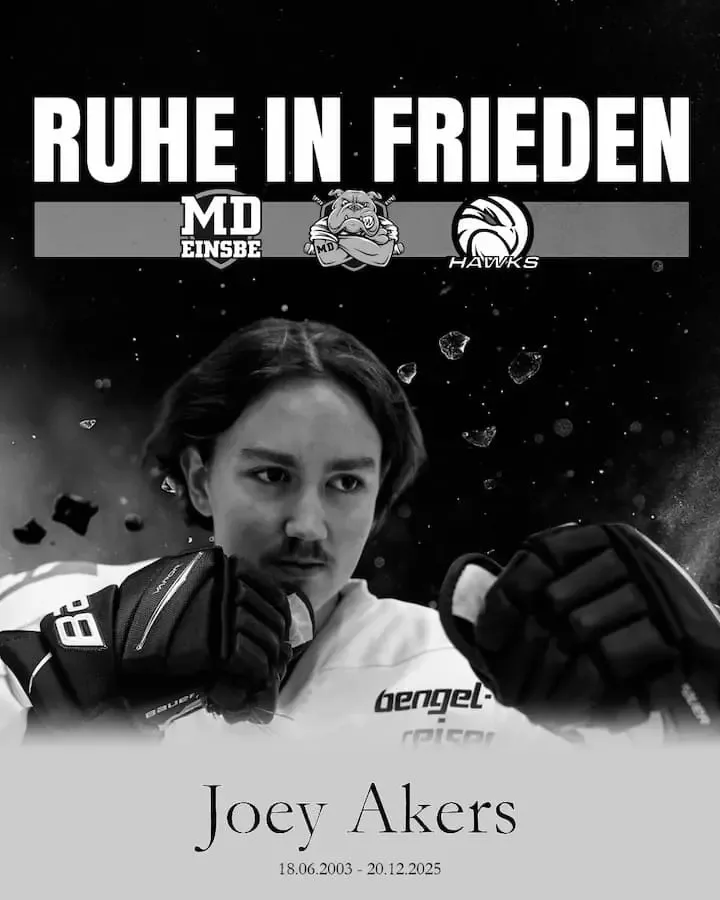 Gedenkbild für den Eishockeyspieler Joey Akers, der im Alter von 22 Jahren verstorben ist