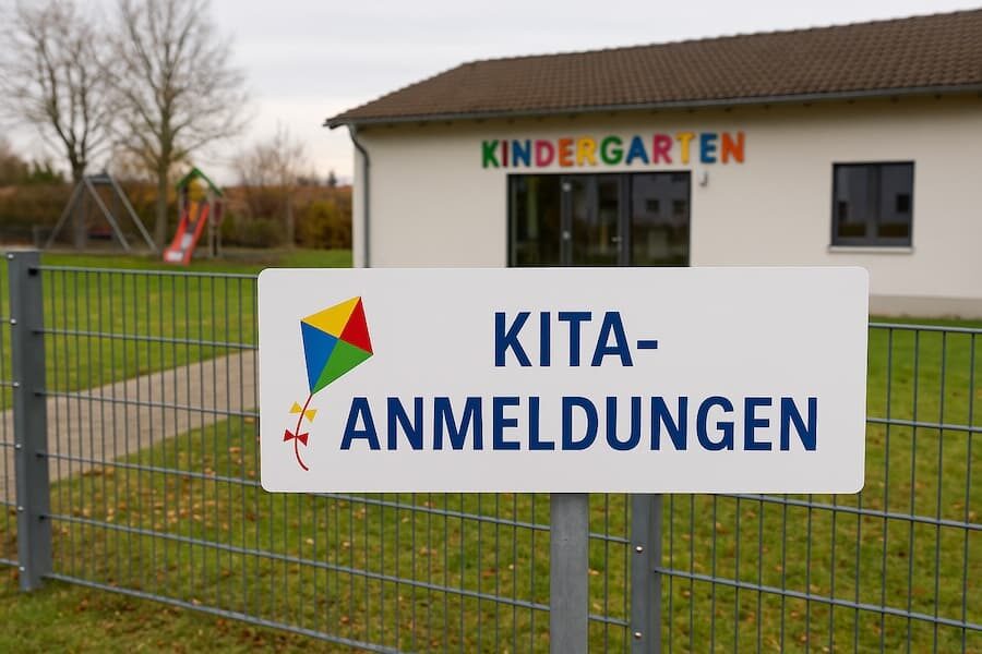 Hinweisschild „Kita-Anmeldungen“ vor einer Kindertageseinrichtung