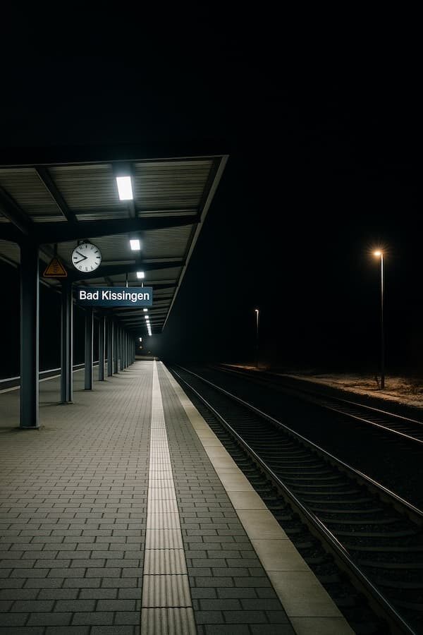 Leerer Bahnsteig am Bahnhof Bad Kissingen bei Nacht – Polizei hilft gestrandeten Rentner nach Zugfahrt