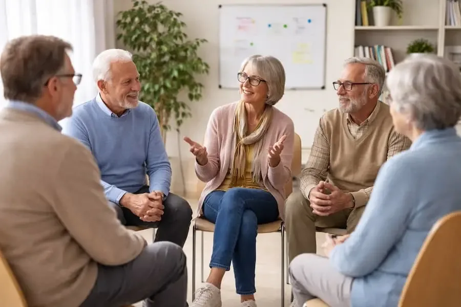 Ältere Menschen sitzen im Stuhlkreis und tauschen sich in einem Präventionskurs zur mentalen Gesundheit im Alter aus.