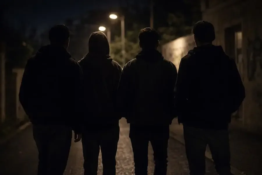 Gruppe Jugendlicher bei Nacht von hinten auf einer Straße – Symbolbild zu einem Raubdelikt in Schweinfurt