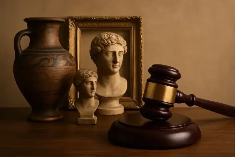 Richterhammer neben historischen Kunstgegenständen als Symbolbild für Entscheidungen zu NS-Raubgut.