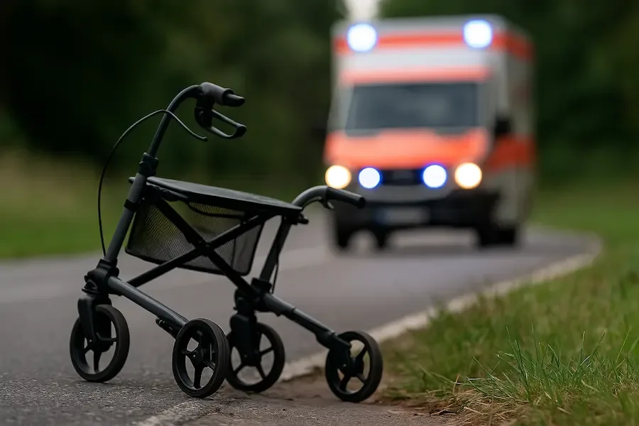 Ein umgekippter Rollator liegt am Straßenrand, im Hintergrund unscharf ein herannahender Rettungswagen mit Blaulicht.