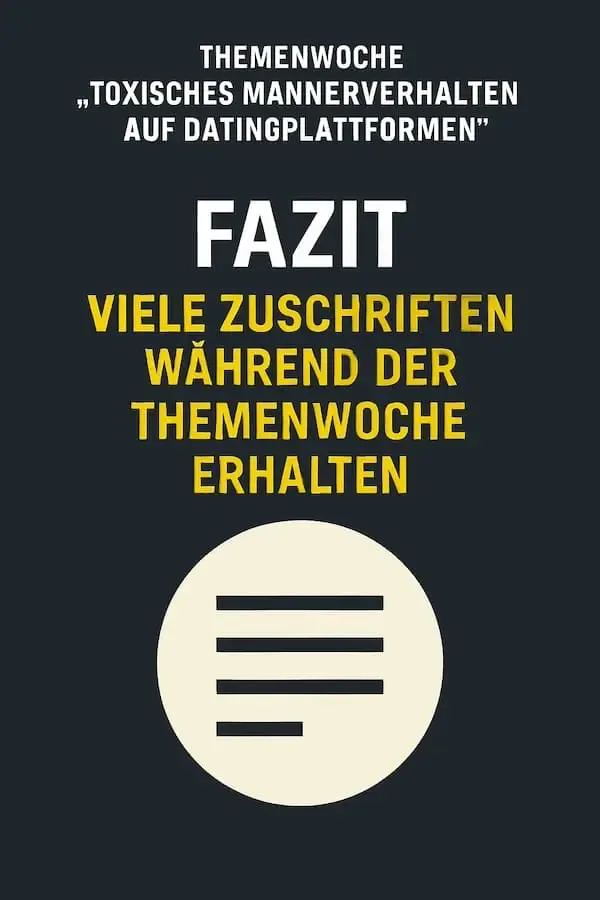Grafisches Fazit-Bild zur Themenwoche über toxisches Datingverhalten mit Hinweis auf zahlreiche Zuschriften während der Veröffentlichungen.