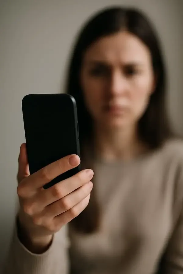 Unscharf erkennbare Frau blickt konzentriert auf ein Smartphone, symbolisch für verunsichernde Kommunikation und Gaslighting im Chat.