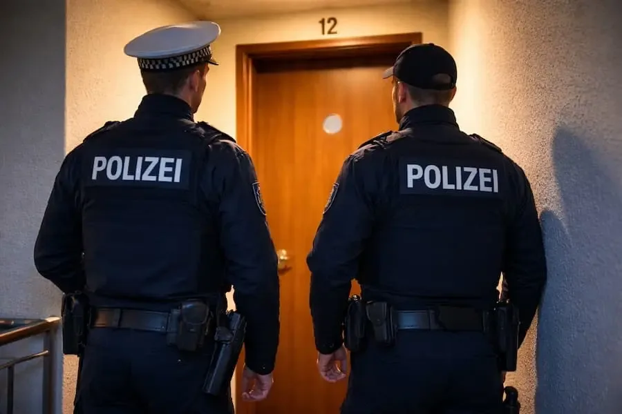 Zwei Polizeibeamte stehen vor einer Wohnungstür in Bad Neustadt nach einem Betrugsversuch mit falschen Dienstausweisen
