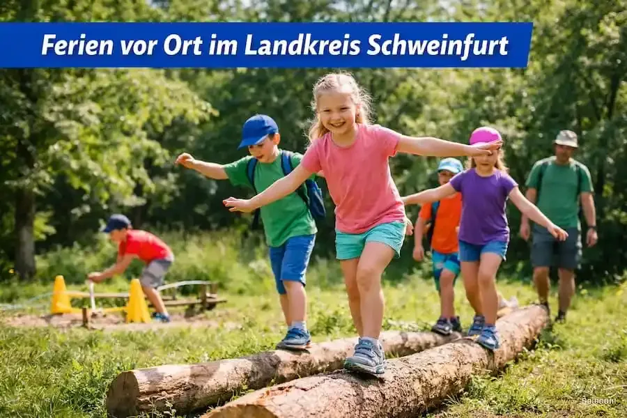 Kinder balancieren bei den Ferien vor Ort im Landkreis Schweinfurt über Baumstämme während eines Natur-Abenteuerprogramms