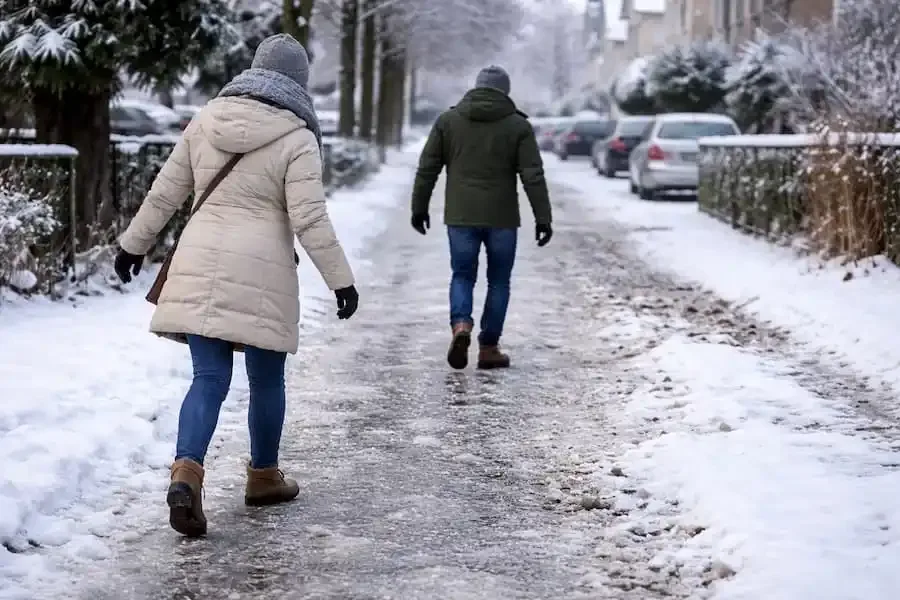 Vorsichtig gehende Passanten auf einem schneebedeckten und vereisten Gehweg in Schweinfurt am winterlichen Morgen