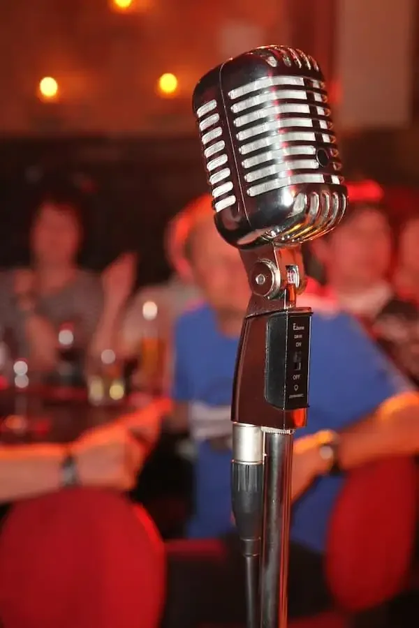 Mikrofon vor Publikum bei einer Livemusik-Veranstaltung beim Honky Tonk Kneipenfestival in Bad Neustadt