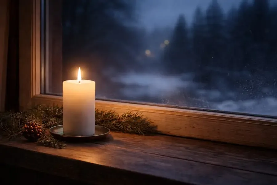 Brennende Kerze am Fenster in der letzten Rauhnacht als Symbol für Ruhe, Abschied und Neubeginn