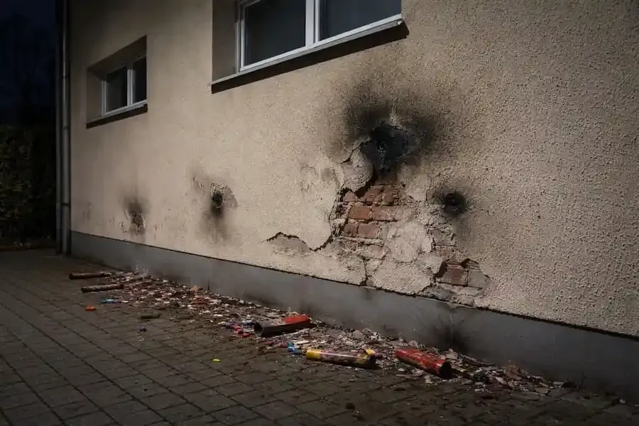 Brandfleck und beschädigte Hausfassade nach Beschuss mit Feuerwerkskörpern in Niederwerrn