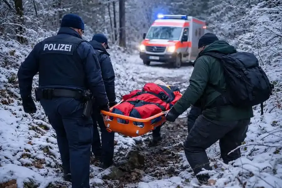 Rettungseinsatz bei Hammelburg: Polizei und Helfer bergen verletzte Wanderin aus unwegsamem Gelände im Landkreis Bad Kissingen.