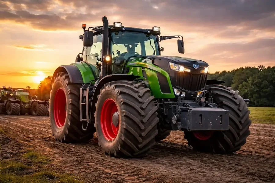 Großtraktor auf Feld bei Sonnenuntergang in der Landwirtschaft nahe Schweinfurt
