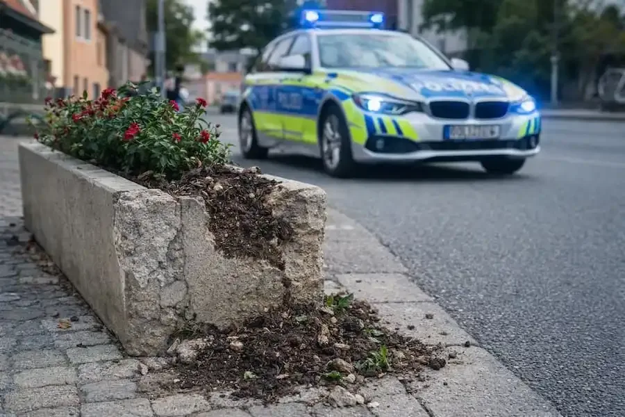 Beschädigter Blumenkasten nach Unfallflucht in Gerolzhofen mit Polizeifahrzeug im Hintergrund