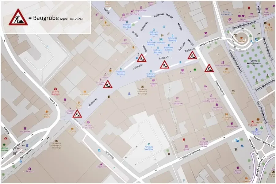 Baustellenübersicht Roßmarkt Schweinfurt: Stadtwerke erneuern Gasleitungen – mehrere Baugruben im Innenstadtbereich