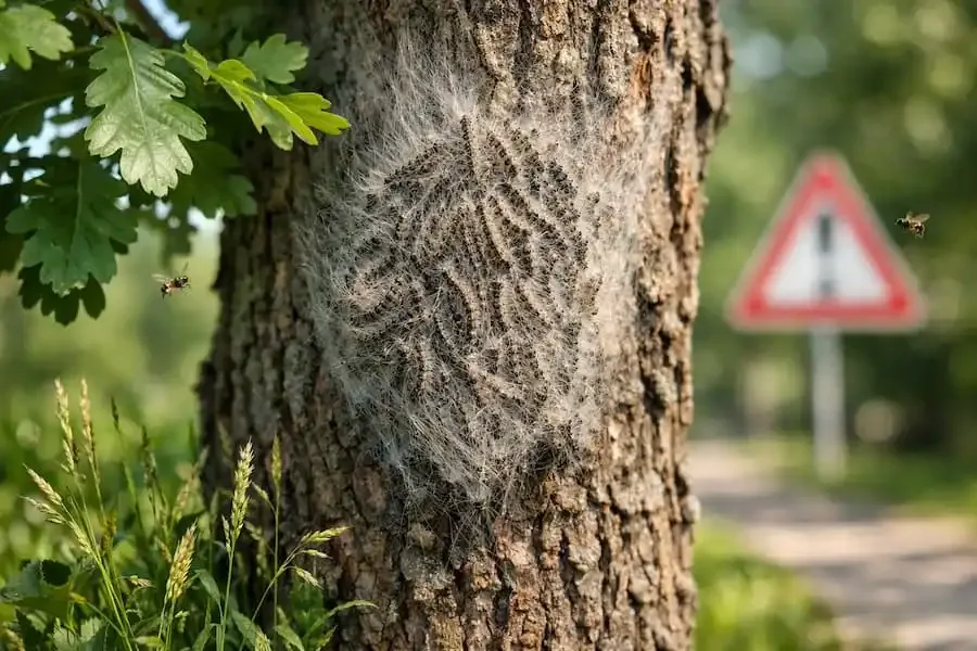 Eichenprozessionsspinner an Baum in Schweinfurt mit Nest und Raupen – Gesundheitsgefahr durch Brennhaare in Grünanlagen