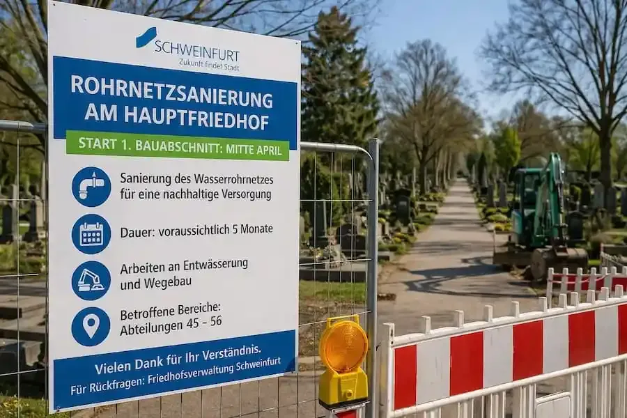 Baustellenschild zur Rohrnetzsanierung am Hauptfriedhof in Schweinfurt mit Hinweis auf Bauarbeiten