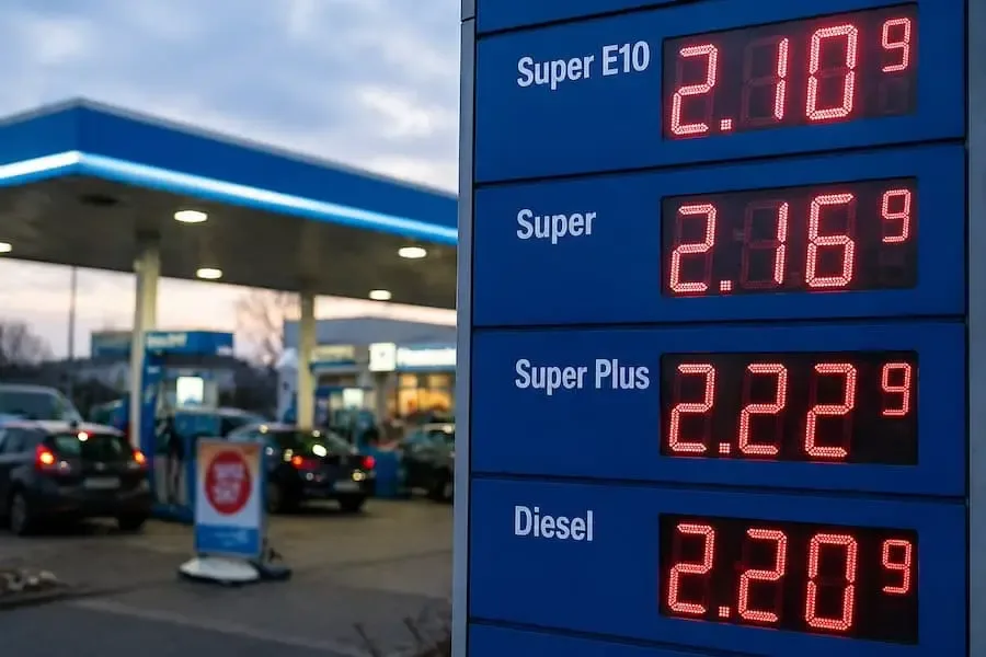 Tankstelle mit aktuellen Spritpreisen für Diesel und Super E10 in Deutschland bei steigenden Kraftstoffkosten