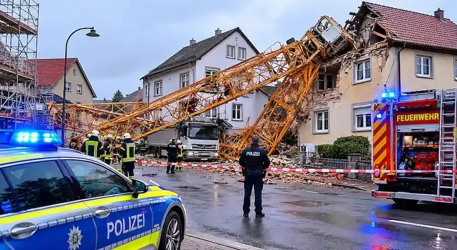Zusammengebrochener Baukran beschädigt mehrere Wohnhäuser in Hammelburg. Polizei und Feuerwehr sichern die Unfallstelle.