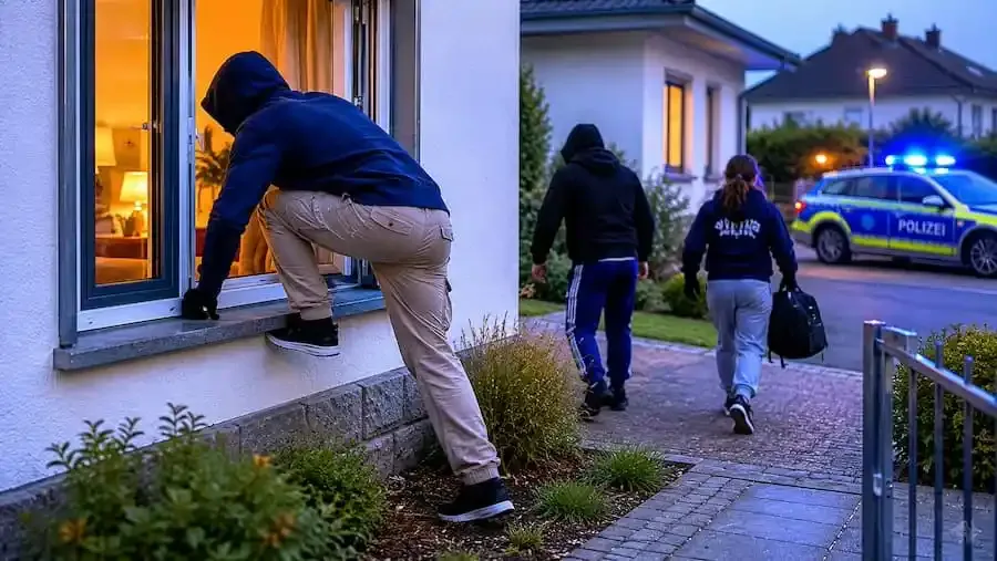 Beschädigtes Fenster eines Einfamilienhauses nach einem Einbruch in Dittelbrunn im Landkreis Schweinfurt.