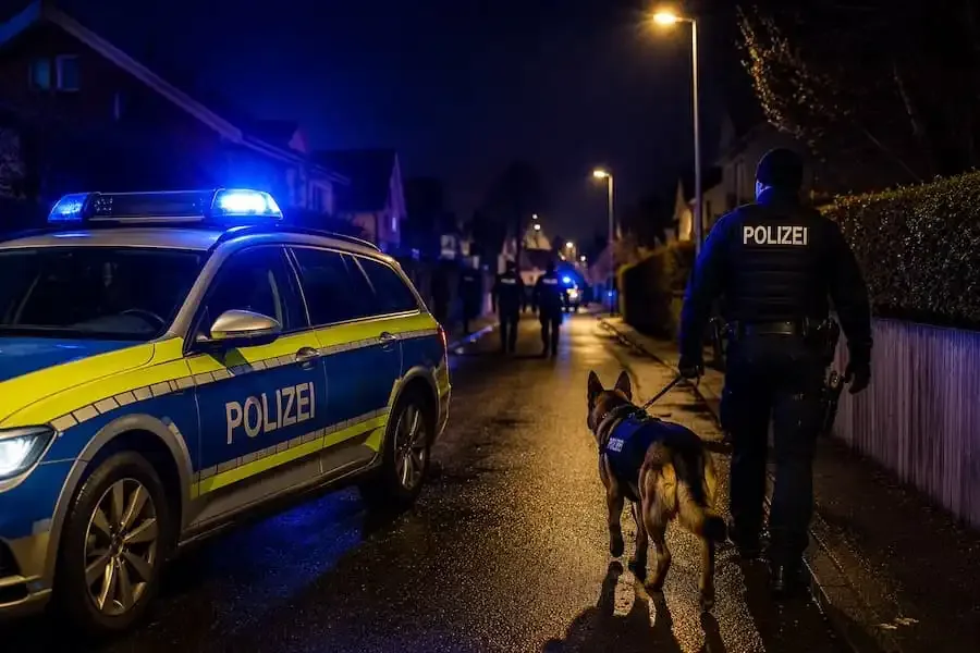 Polizei mit Diensthund bei nächtlicher Fahndung nach Garageneinbrechern in Schweinfurt