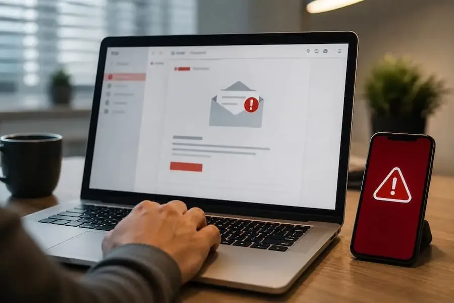 Laptop mit verdächtiger E-Mail und Smartphone mit Warnsymbol als Symbolbild für Phishing-Betrug.