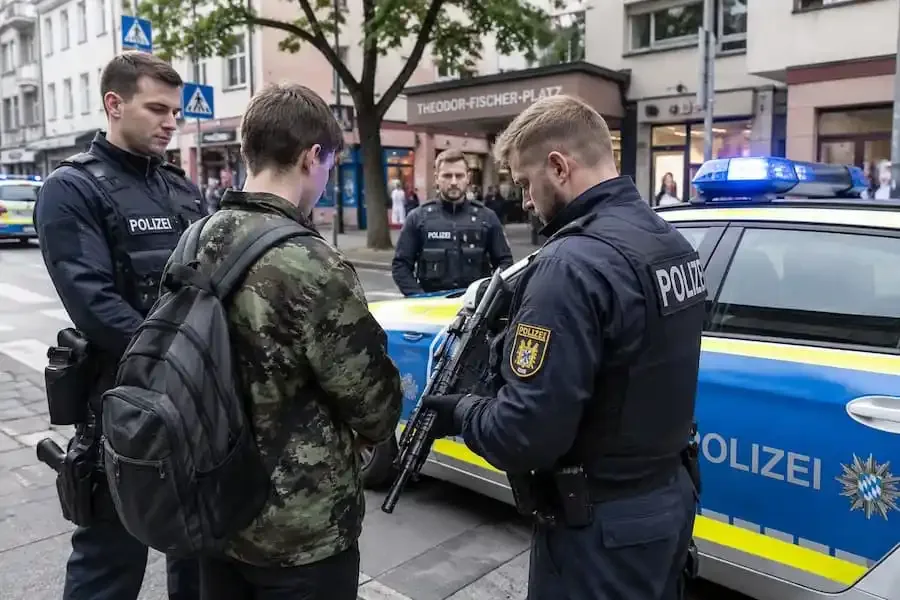 Polizeibeamte kontrollieren einen Jugendlichen in Tarnkleidung am Theodor-Fischer-Platz in Schweinfurt neben einem Streifenwagen